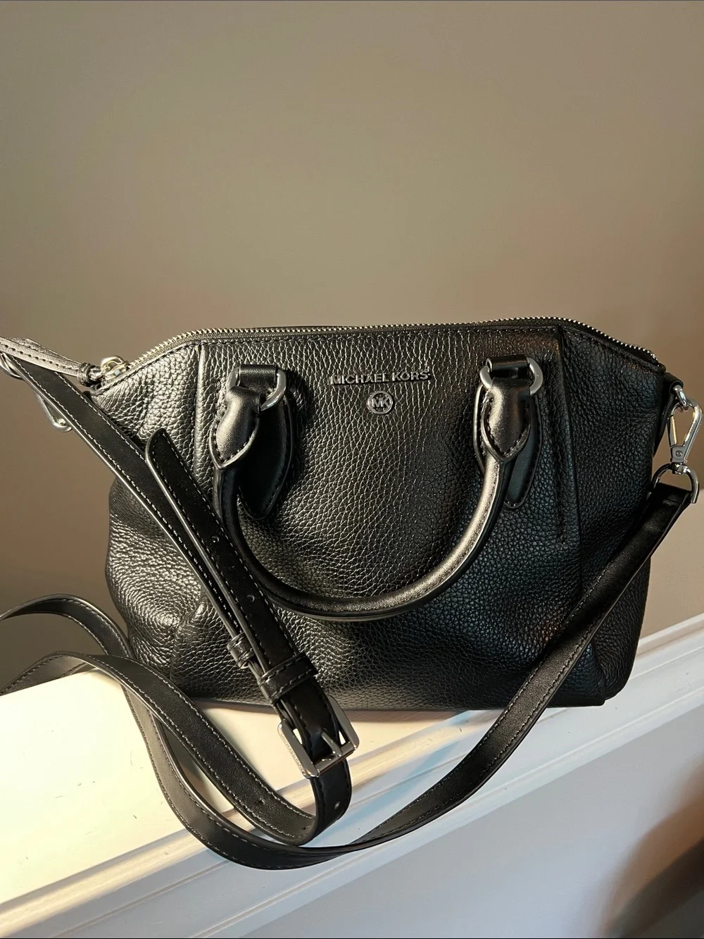 Michael Kors Black Pebbled Leather Satchel with Adjustable Crossbody Strap